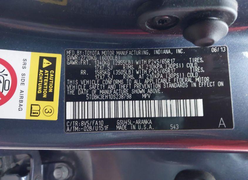 Photo 9 of 2013 Toyota Highlander BASE PLUS V6 (VIN 5TDBK3EH1DS238798)