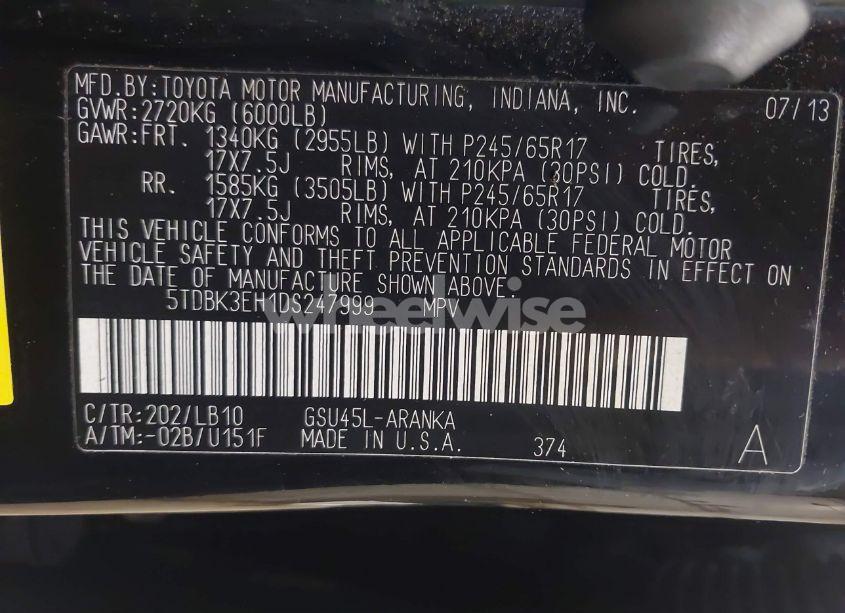 Photo 9 of 2013 Toyota Highlander PLUS/SE (VIN 5TDBK3EH1DS247999)