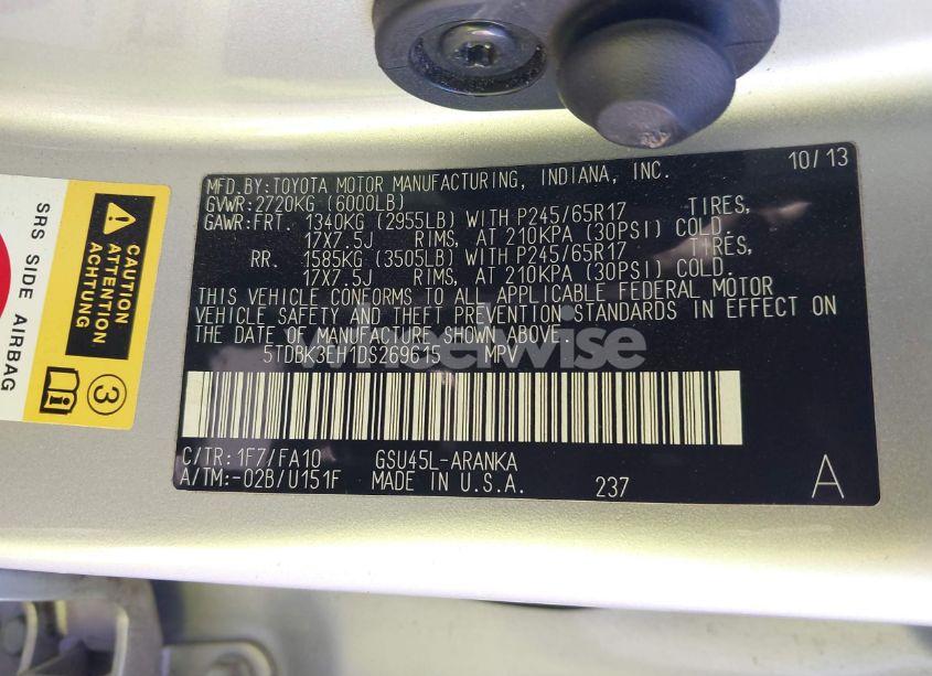 Photo 9 of 2013 Toyota Highlander BASE PLUS V6 (VIN 5TDBK3EH1DS269615)