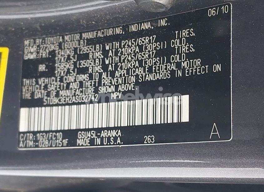 Photo 9 of 2010 Toyota Highlander BASE V6 (VIN 5TDBK3EH2AS032742)