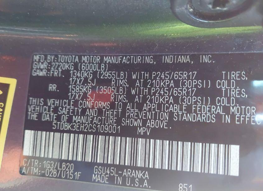 Photo 9 of 2012 Toyota Highlander SE V6 (VIN 5TDBK3EH2CS109001)