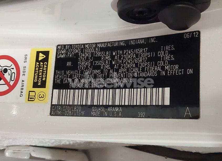 Photo 9 of 2012 Toyota Highlander SE V6 (VIN 5TDBK3EH2CS162474)