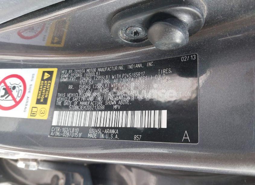 Photo 9 of 2013 Toyota Highlander SE V6 (VIN 5TDBK3EH2DS213098)