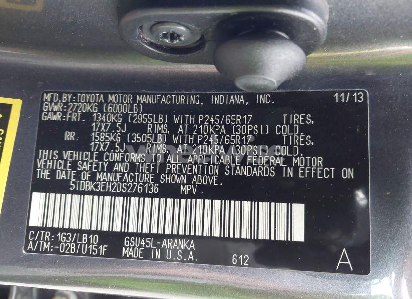 Photo 9 of 2013 Toyota Highlander SE V6 (VIN 5TDBK3EH2DS276136)