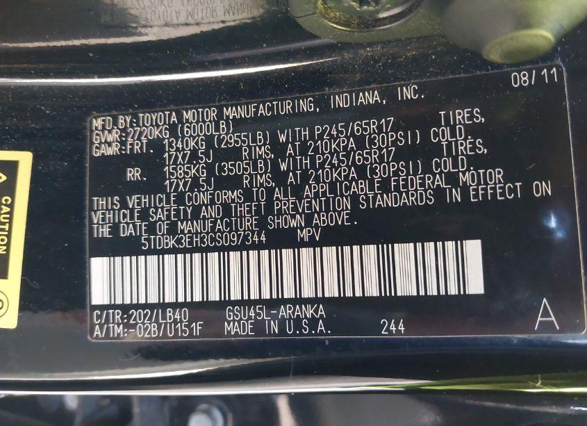 Photo 9 of 2012 Toyota Highlander SE V6 (VIN 5TDBK3EH3CS097344)