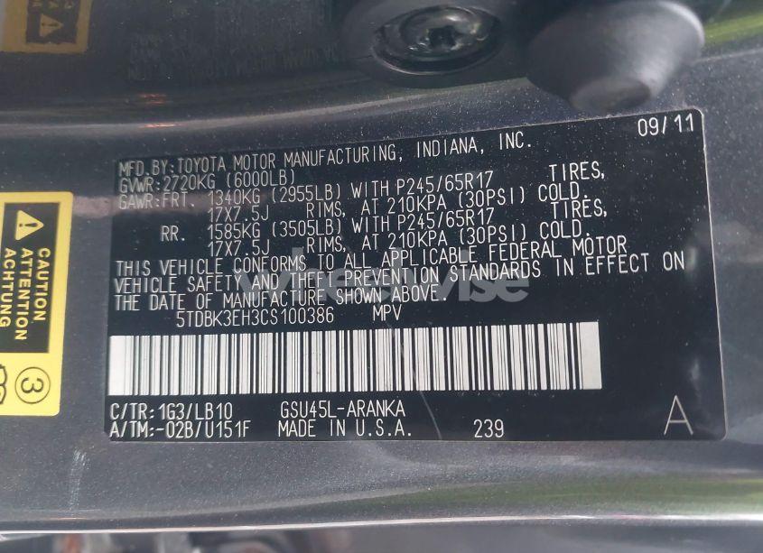 Photo 9 of 2012 Toyota Highlander SE V6 (VIN 5TDBK3EH3CS100386)