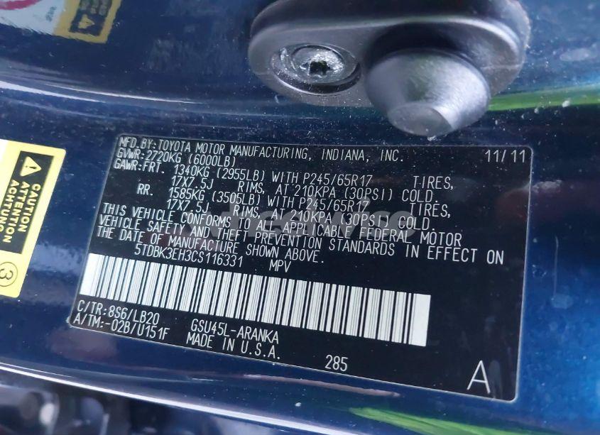 Photo 9 of 2012 Toyota Highlander SE V6 (VIN 5TDBK3EH3CS116331)