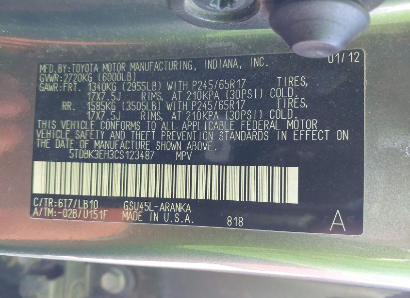 Photo 9 of 2012 Toyota Highlander SE V6 (VIN 5TDBK3EH3CS123487)