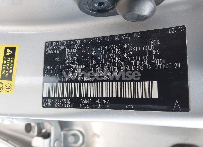 Photo 9 of 2013 Toyota Highlander BASE V6 (VIN 5TDBK3EH3DS216463)