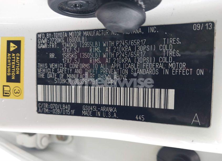 Photo 9 of 2013 Toyota Highlander PLUS/SE (VIN 5TDBK3EH3DS261791)