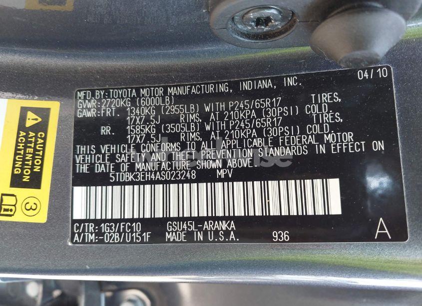Photo 9 of 2010 Toyota Highlander BASE V6 (VIN 5TDBK3EH4AS023248)