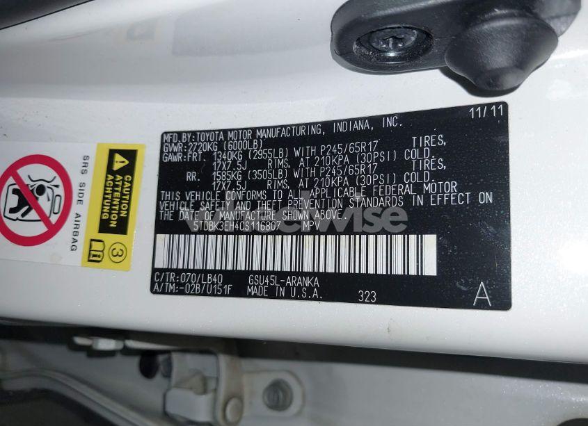 Photo 9 of 2012 Toyota Highlander SE V6 (VIN 5TDBK3EH4CS116807)