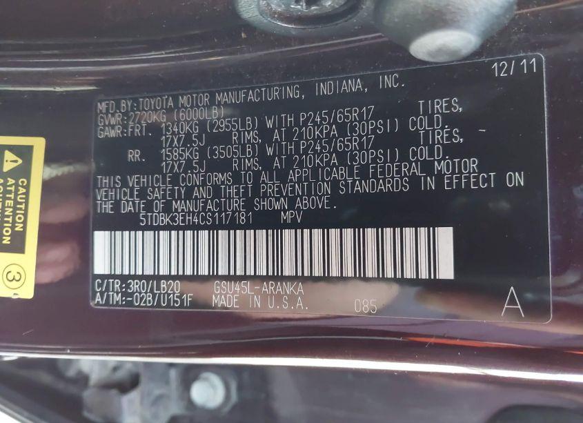 Photo 9 of 2012 Toyota Highlander SE V6 (VIN 5TDBK3EH4CS117181)