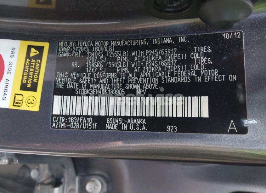 Photo 9 of 2013 Toyota Highlander BASE PLUS V6 (VIN 5TDBK3EH4DS189905)