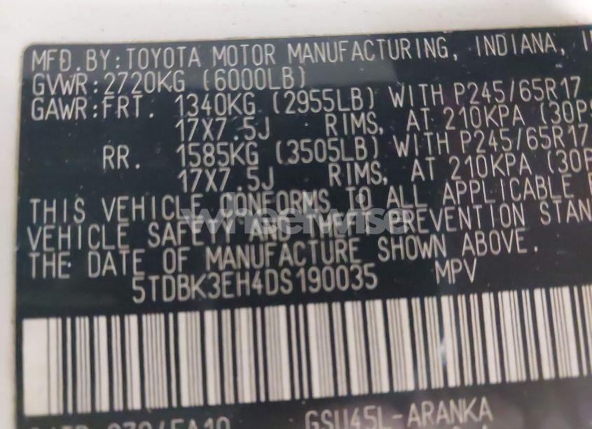 Photo 9 of 2013 Toyota Highlander BASE PLUS V6 (VIN 5TDBK3EH4DS190035)