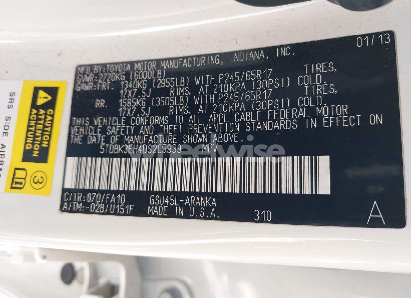 Photo 9 of 2013 Toyota Highlander BASE PLUS V6 (VIN 5TDBK3EH4DS205939)