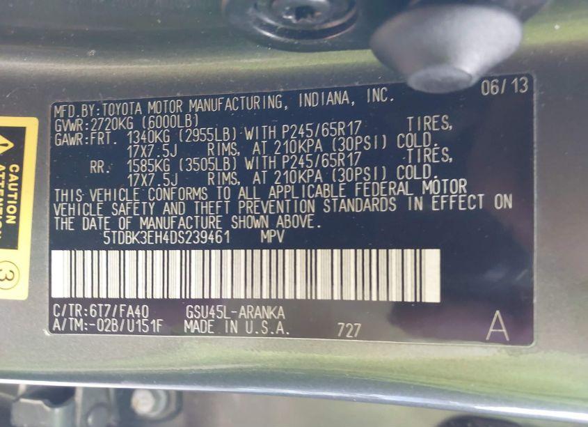 Photo 9 of 2013 Toyota Highlander BASE PLUS V6 (VIN 5TDBK3EH4DS239461)