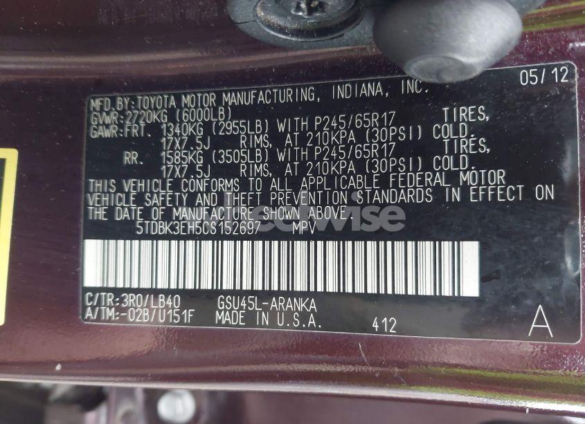 Photo 9 of 2012 Toyota Highlander BASE V6/SE V6 (VIN 5TDBK3EH5CS152697)