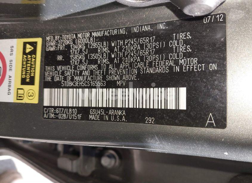 Photo 9 of 2012 Toyota Highlander SE V6 (VIN 5TDBK3EH5CS165563)