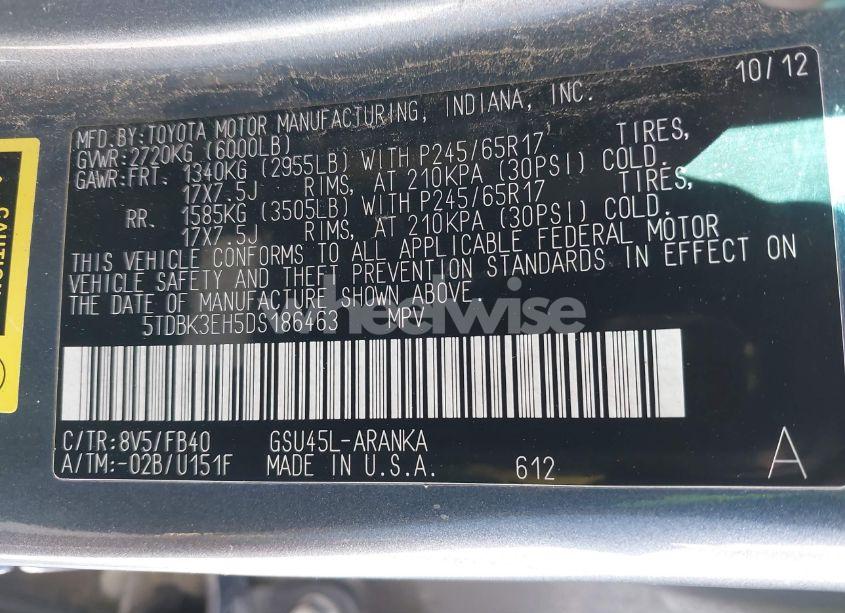 Photo 9 of 2013 Toyota Highlander BASE V6 (VIN 5TDBK3EH5DS186463)