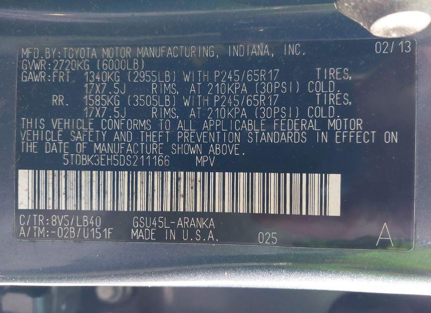 Photo 9 of 2013 Toyota Highlander SE V6 (VIN 5TDBK3EH5DS211166)
