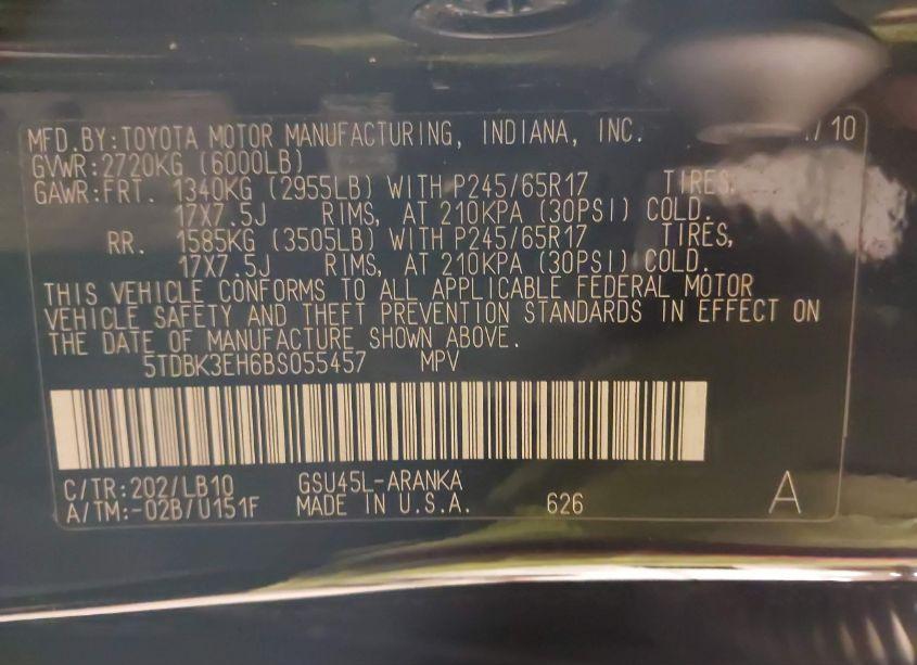 Photo 9 of 2011 Toyota Highlander SE V6 (VIN 5TDBK3EH6BS055457)