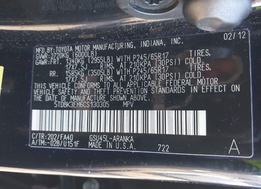 Photo 9 of 2012 Toyota Highlander SE (VIN 5TDBK3EH6CS130305)