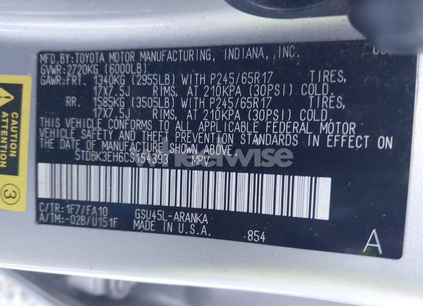 Photo 9 of 2012 Toyota Highlander SE (VIN 5TDBK3EH6CS154393)