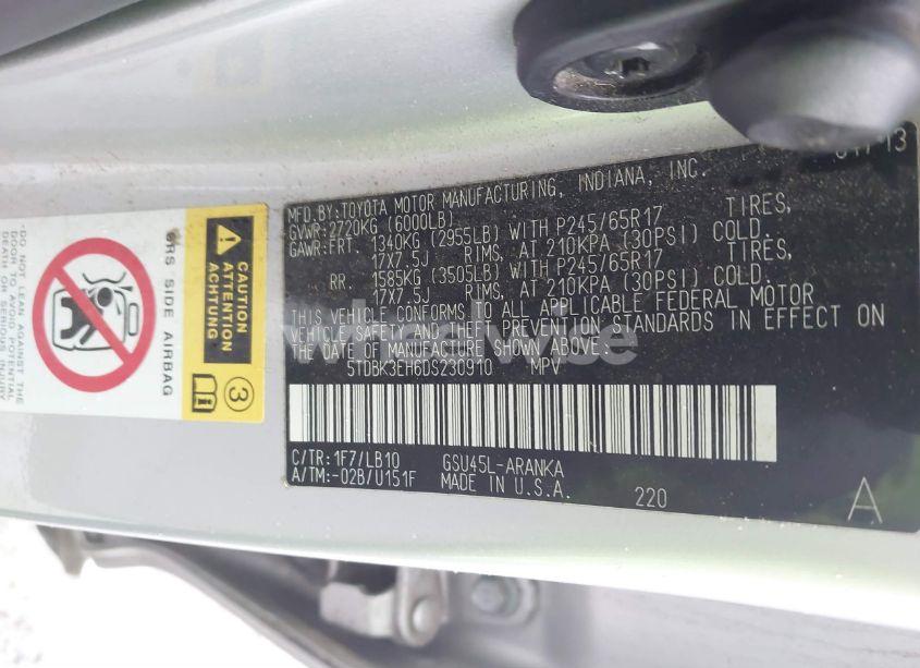 Photo 9 of 2013 Toyota Highlander PLUS/SE (VIN 5TDBK3EH6DS230910)