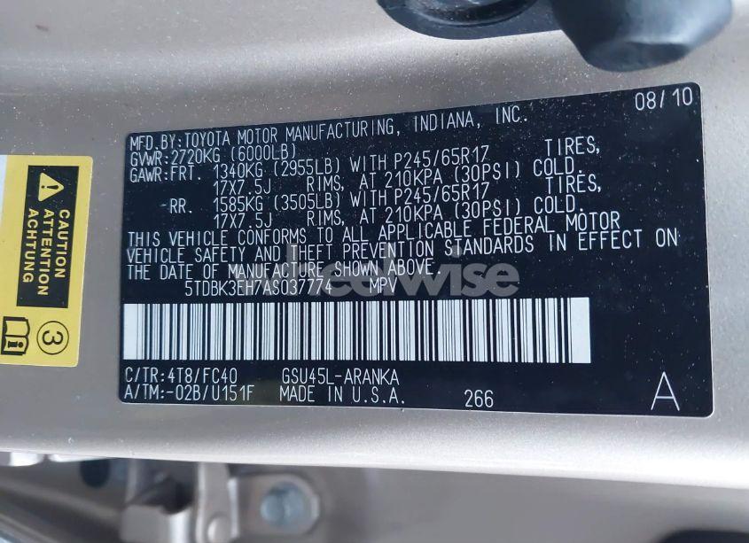 Photo 9 of 2010 Toyota Highlander BASE V6 (VIN 5TDBK3EH7AS037774)