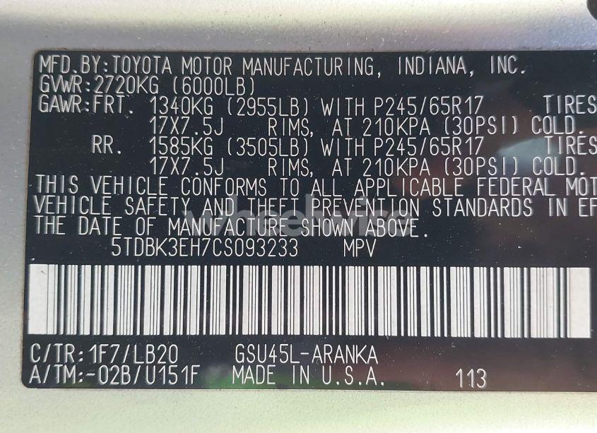 Photo 9 of 2012 Toyota Highlander SE V6 (VIN 5TDBK3EH7CS093233)