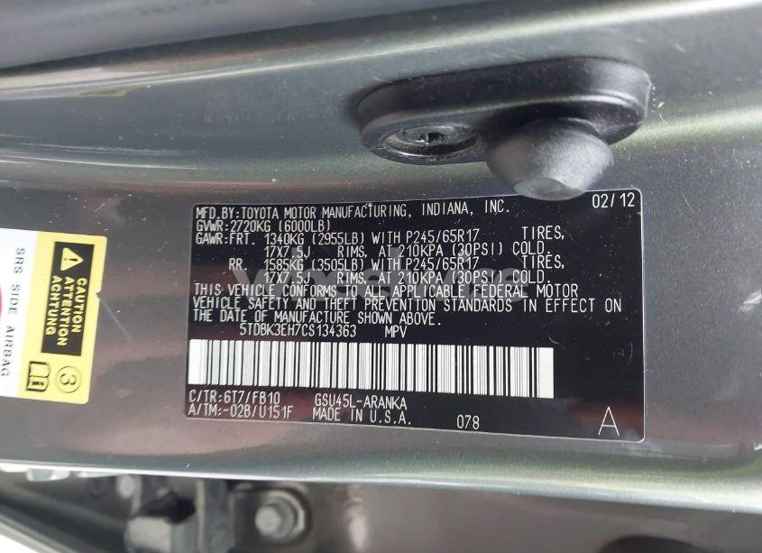 Photo 9 of 2012 Toyota Highlander BASE V6 (VIN 5TDBK3EH7CS134363)