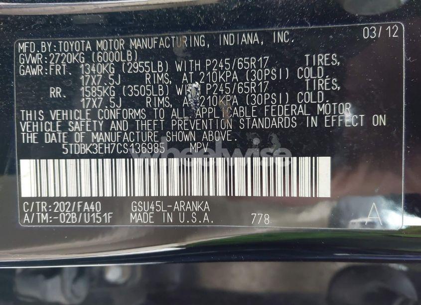 Photo 9 of 2012 Toyota Highlander BASE V6 (VIN 5TDBK3EH7CS136985)