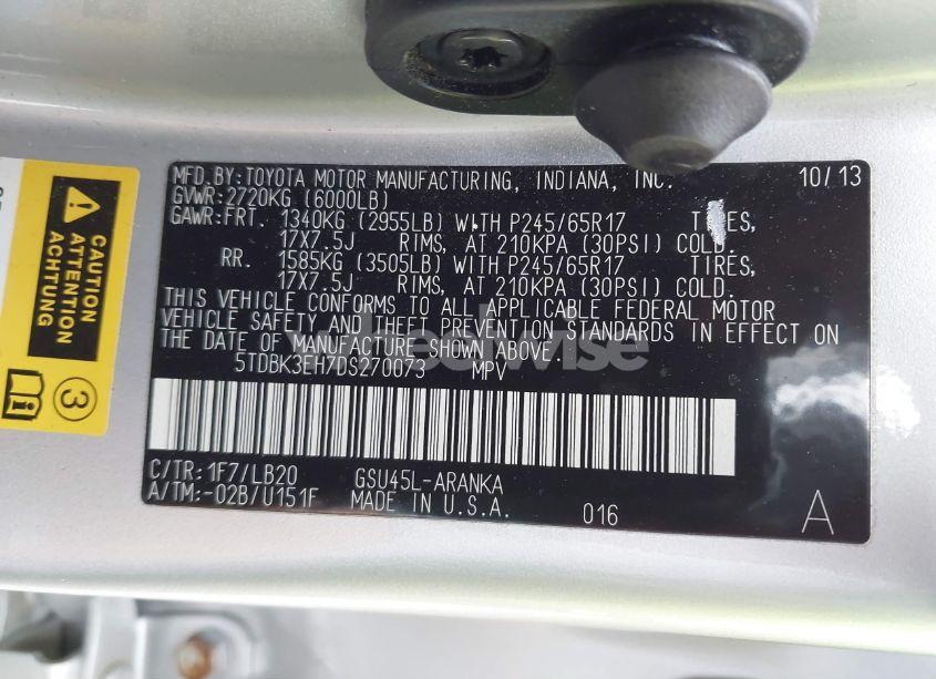 Photo 9 of 2013 Toyota Highlander SE V6 (VIN 5TDBK3EH7DS270073)