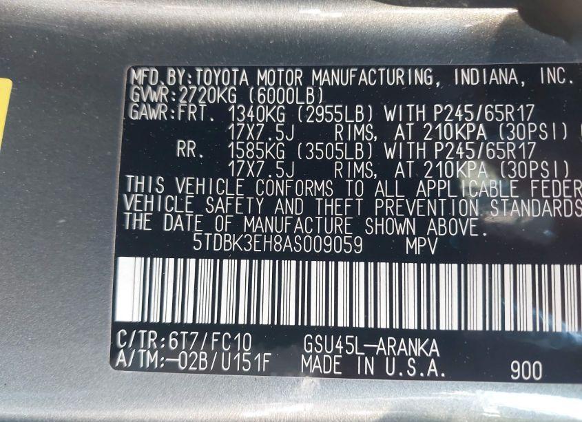 Photo 9 of 2010 Toyota Highlander BASE V6 (VIN 5TDBK3EH8AS009059)