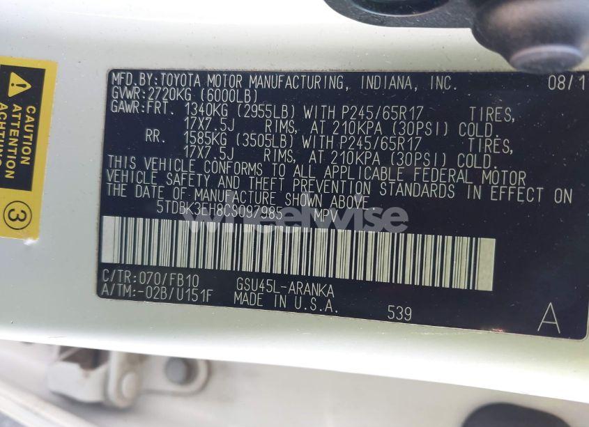 Photo 9 of 2012 Toyota Highlander BASE V6 (VIN 5TDBK3EH8CS097985)