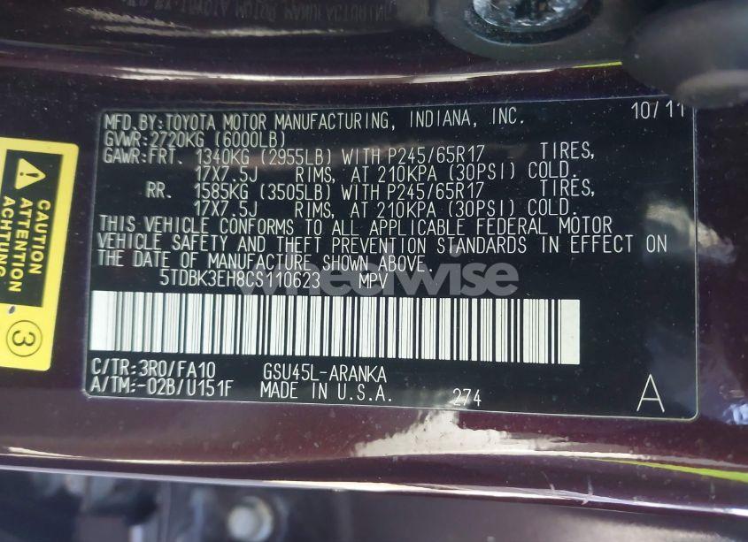 Photo 9 of 2012 Toyota Highlander SE (VIN 5TDBK3EH8CS110623)