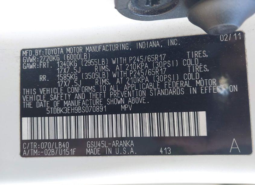 Photo 9 of 2011 Toyota Highlander SE V6 (VIN 5TDBK3EH9BS070891)