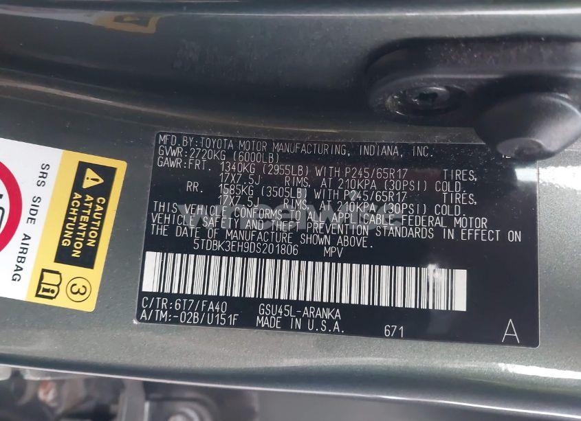 Photo 9 of 2013 Toyota Highlander BASE PLUS V6 (VIN 5TDBK3EH9DS201806)