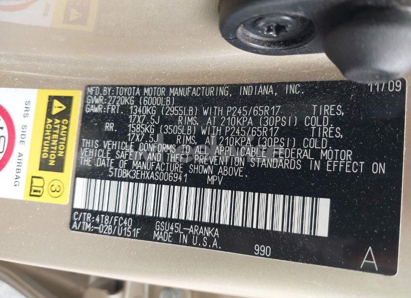 Photo 9 of 2010 Toyota Highlander BASE V6 (VIN 5TDBK3EHXAS006941)