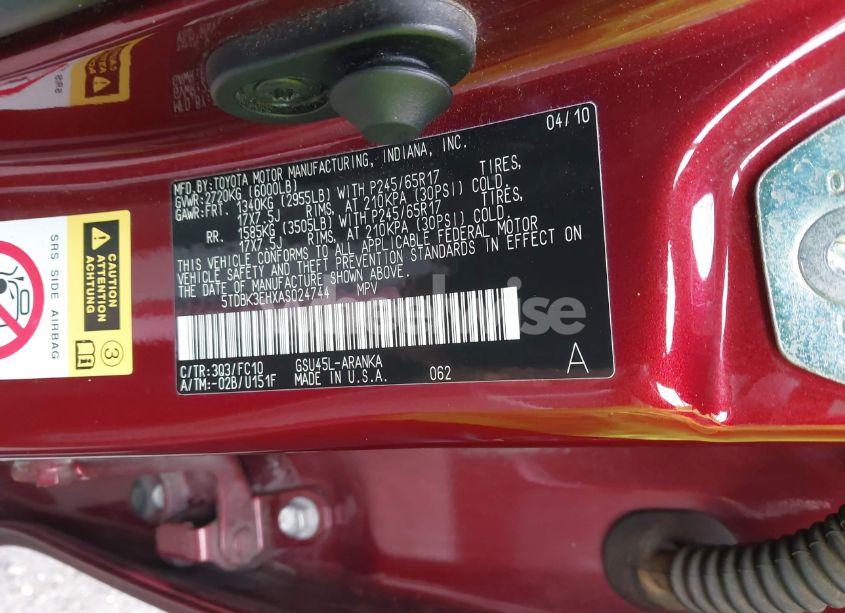 Photo 9 of 2010 Toyota Highlander BASE V6 (VIN 5TDBK3EHXAS024744)