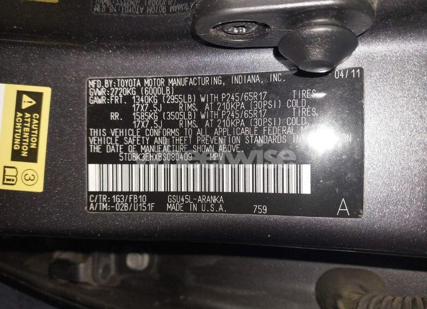 Photo 9 of 2011 Toyota Highlander BASE V6 (VIN 5TDBK3EHXBS080409)