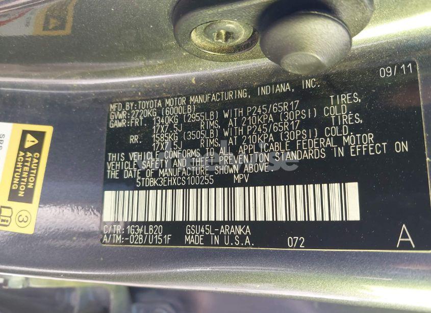 Photo 9 of 2012 Toyota Highlander SE V6 (VIN 5TDBK3EHXCS100255)