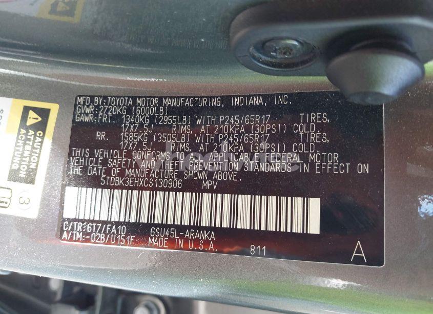 Photo 9 of 2012 Toyota Highlander BASE V6 (VIN 5TDBK3EHXCS130906)