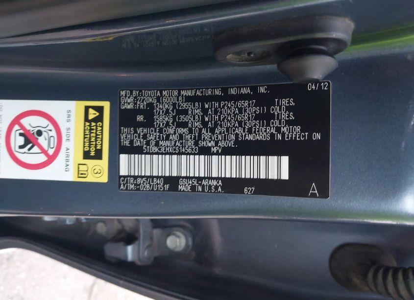 Photo 9 of 2012 Toyota Highlander SE V6 (VIN 5TDBK3EHXCS145633)