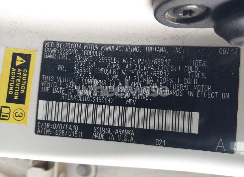 Photo 9 of 2012 Toyota Highlander SE (VIN 5TDBK3EHXCS169642)