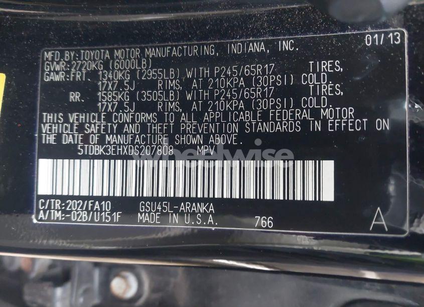 Photo 9 of 2013 Toyota Highlander BASE PLUS V6 (VIN 5TDBK3EHXDS207808)