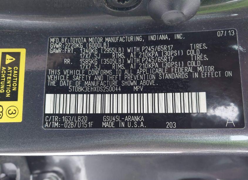 Photo 9 of 2013 Toyota Highlander PLUS/SE (VIN 5TDBK3EHXDS250044)