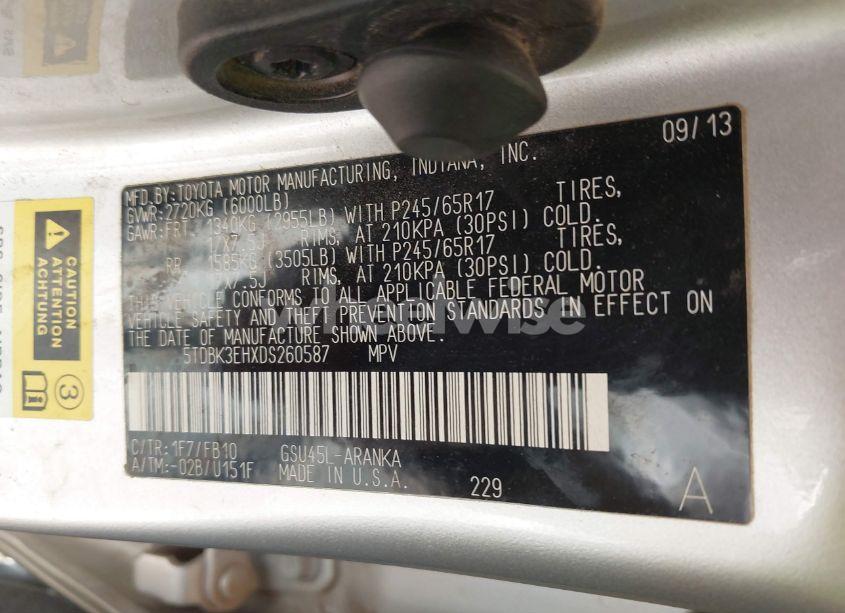 Photo 9 of 2013 Toyota Highlander BASE V6 (VIN 5TDBK3EHXDS260587)