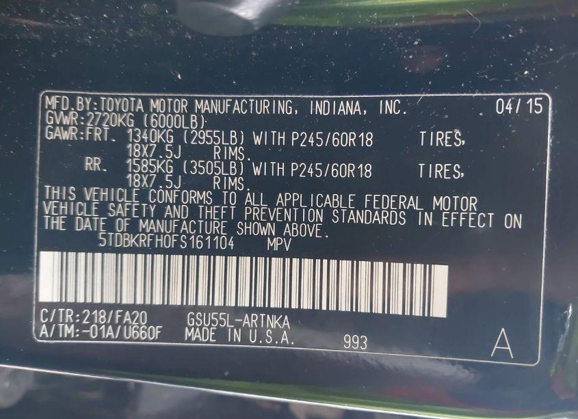 Photo 9 of 2015 Toyota Highlander LE PLUS V6 (VIN 5TDBKRFH0FS161104)